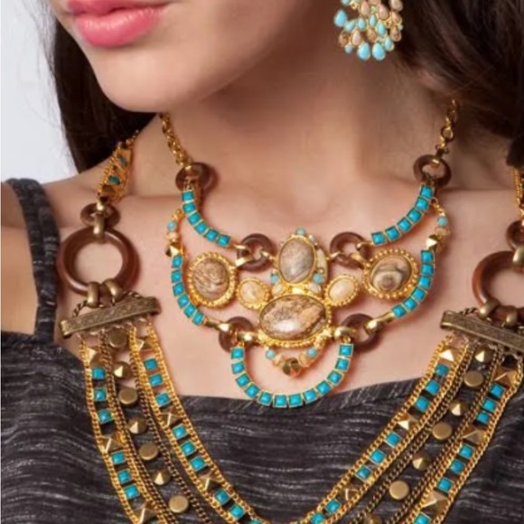 AMAZING NEW SORRELLI TURQUOISE BLUE BRIGHT GOLD AZTEC SIGNED NECKLACE - Picture 5 of 5
